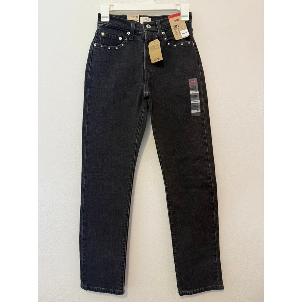 Levis 501 Original High Rise Straight Leg Studded Rhinestone Black Jeans 24x30